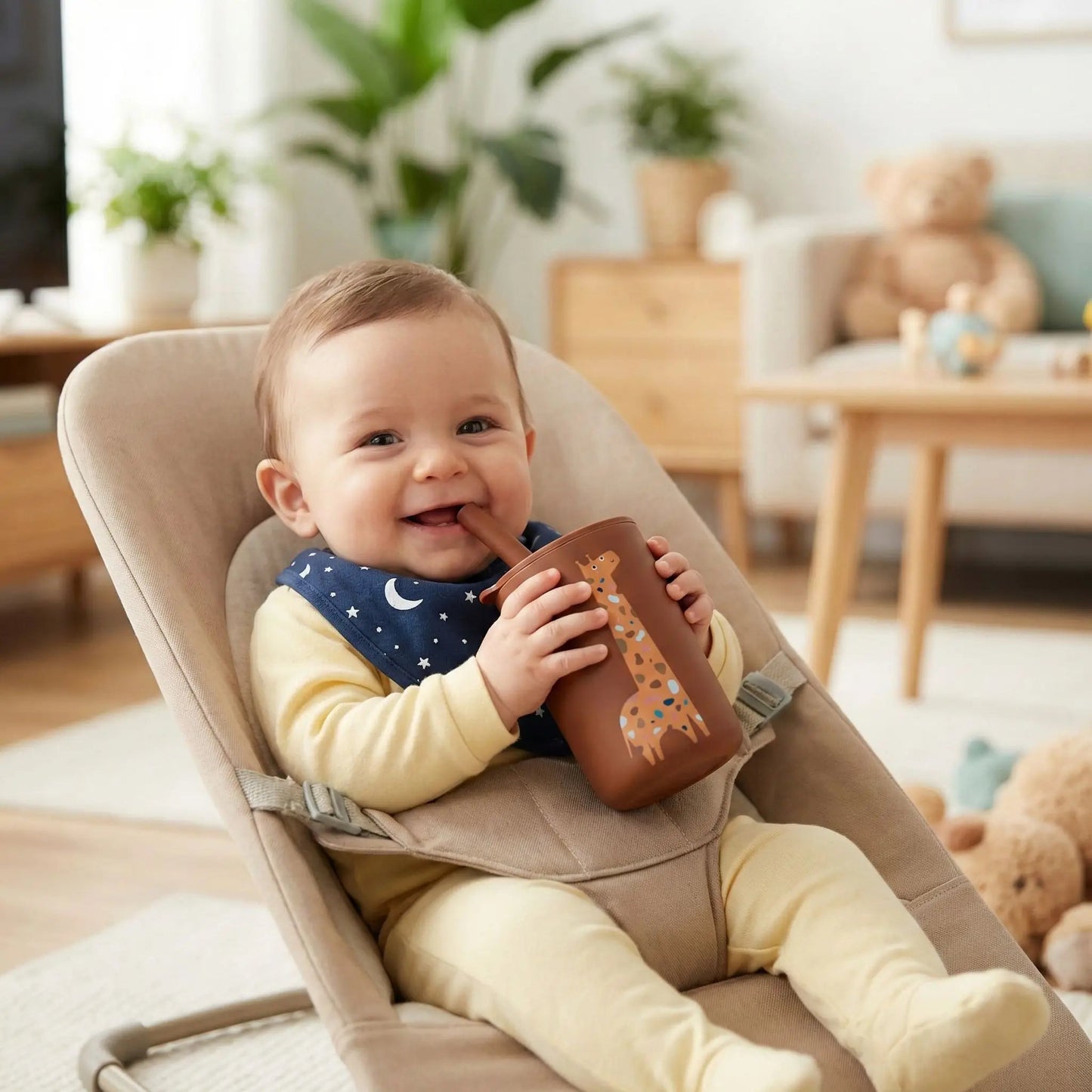un petit bébé installé dans son transat sirote à la paille de son verre bébé en silicone hermétique coloris marron girafe