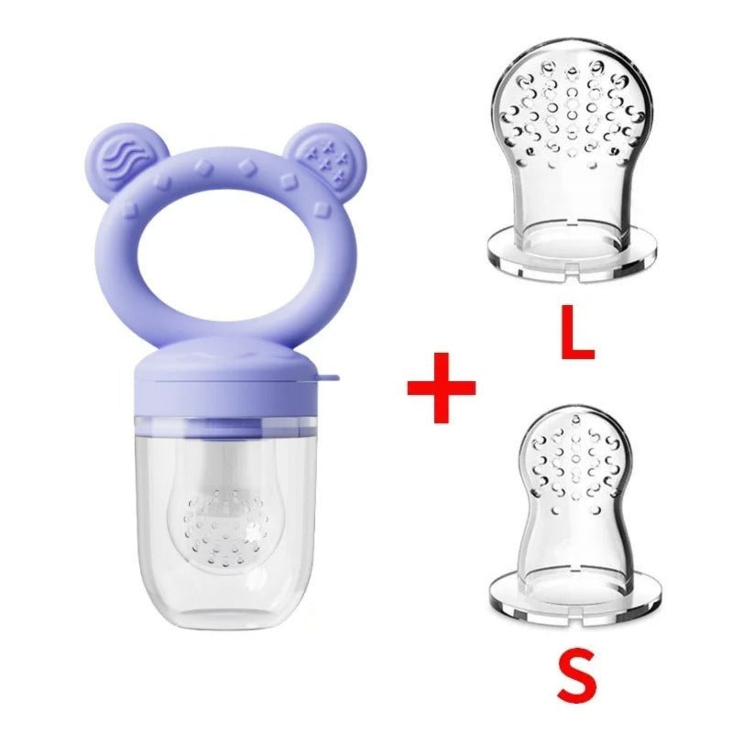 grignoteuse bebe ourson mauve et ses tétines de rechange taille S et L