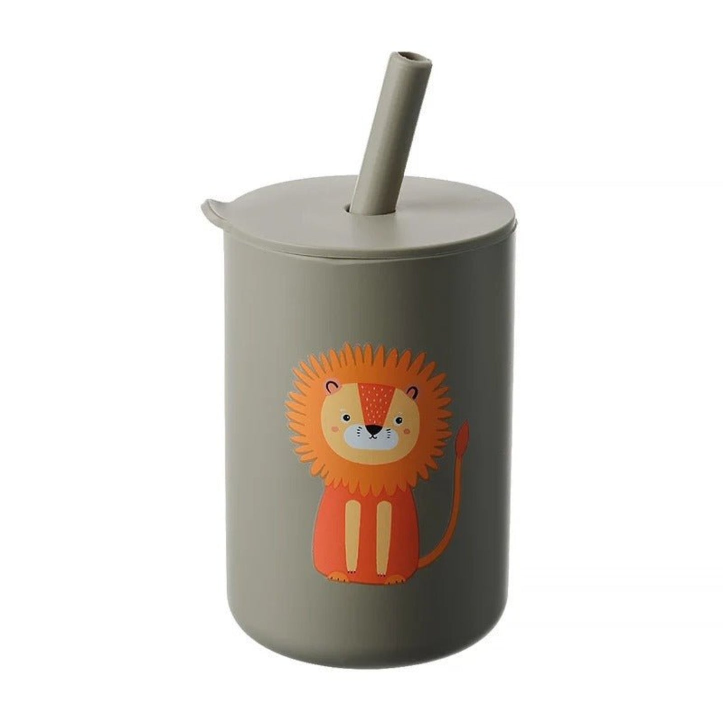 présentation du verre bébé avec paille en silicone hermétique coloris gris lion