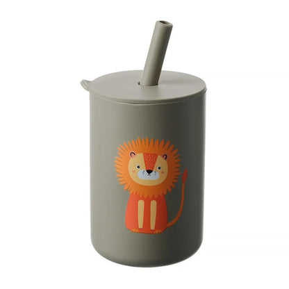 présentation du verre bébé avec paille en silicone hermétique coloris gris lion