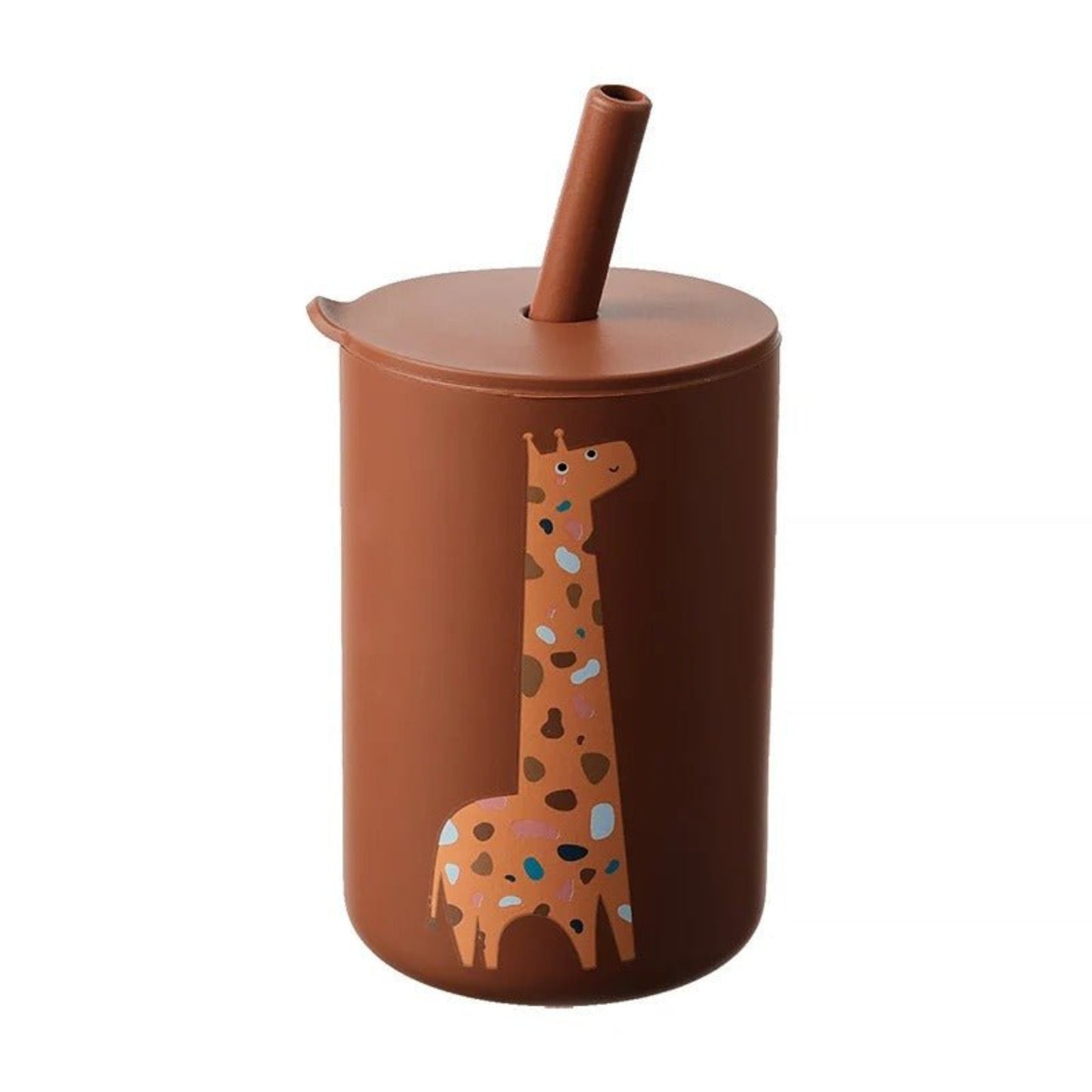 présentation du verre bébé avec paille en silicone coloris marron girafe