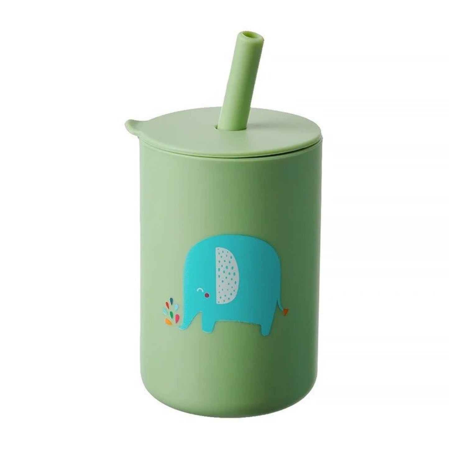 présentation du verre bébé avec paille en silicone coloris vert éléphant