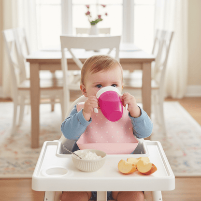 une fillette dans sa chaise haute goûte d'un fromage blanc et de morceaux de pomme et boit dans sa tasse d'apprentissage 360 coloris rose