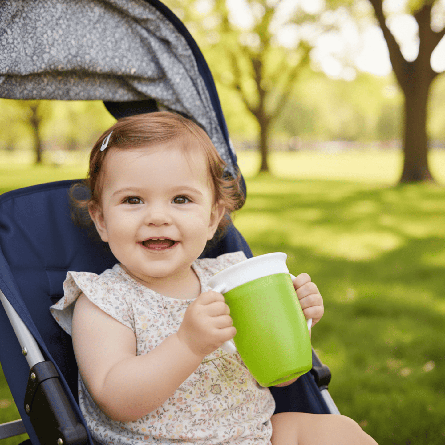 Petite fille en poussette au parc avec sa tasse d'apprentissage 360 coloris vert