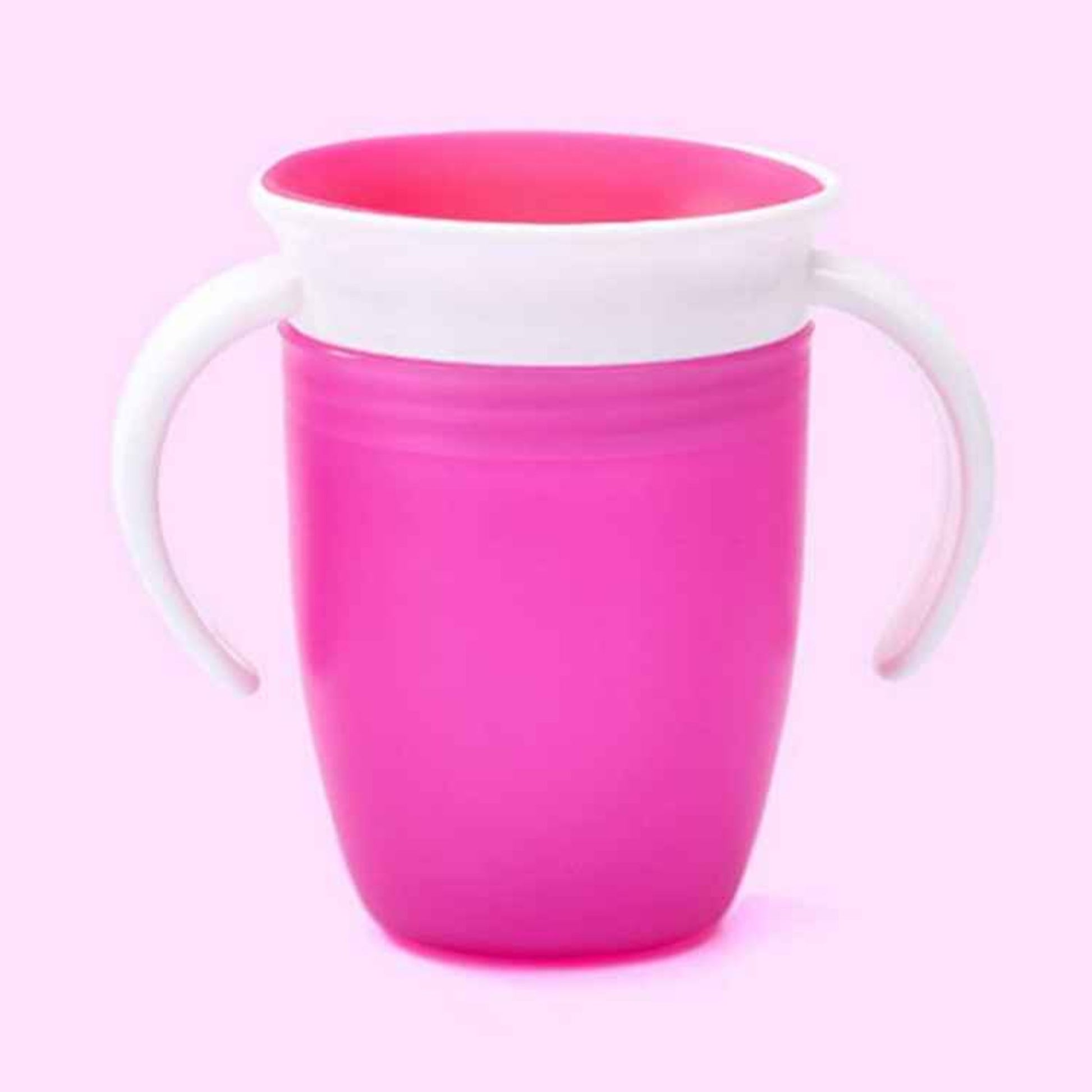 tasse d'apprentissage 360 coloris rose avec anses bilatérales blanches