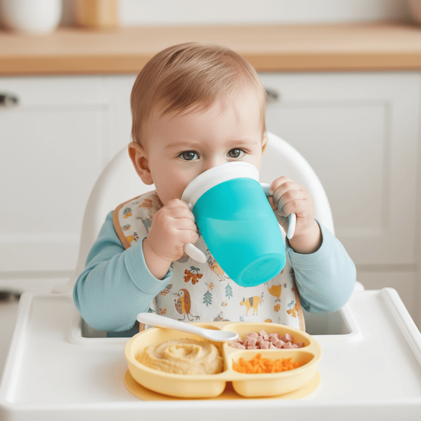 repas d'un enfant dans sa chaise haute avec son assiette compartimentée contenant purée, jambon et carottes râpées et tenant sa tasse d'apprentissage 360 coloris bleu