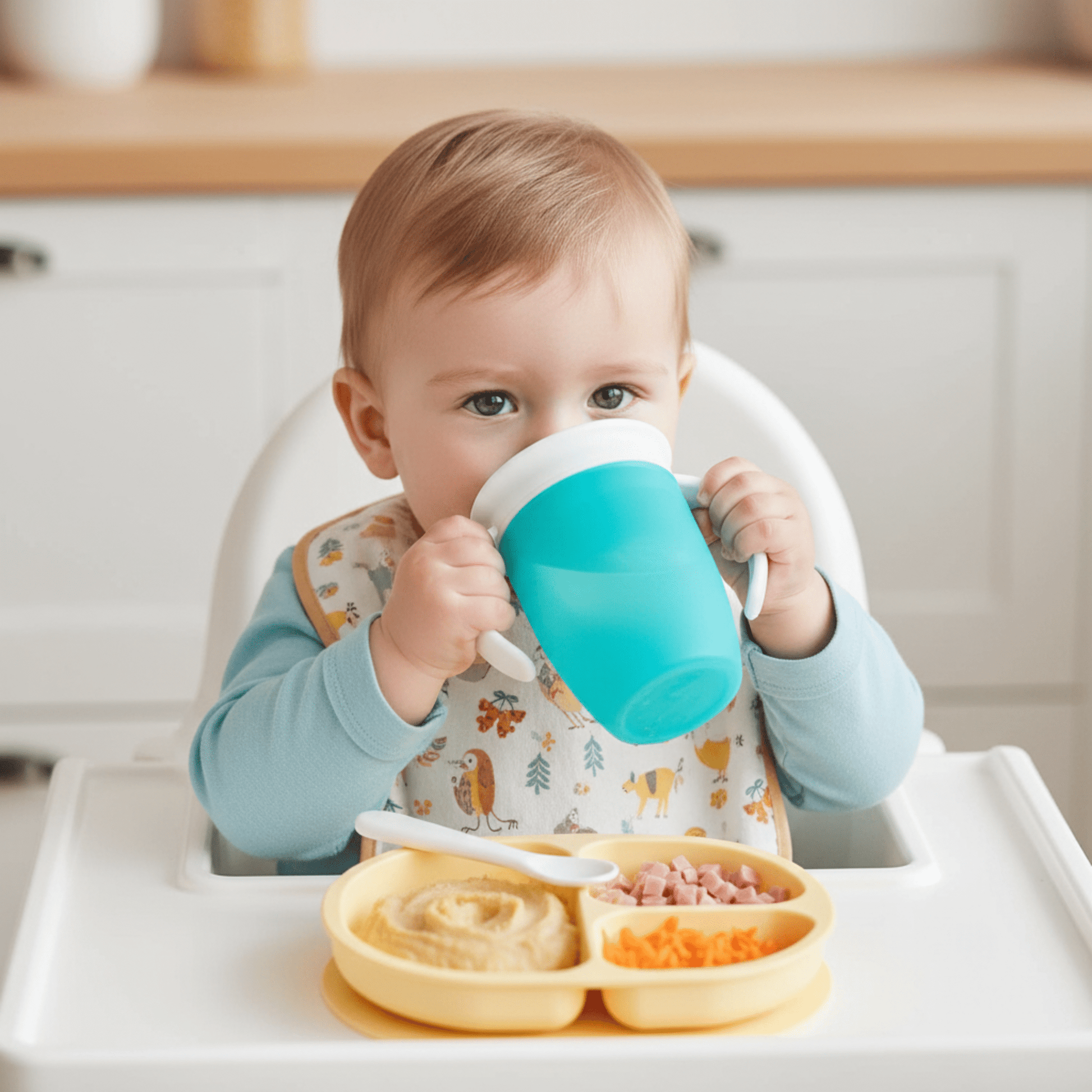 repas d'un enfant dans sa chaise haute avec son assiette compartimentée contenant purée, jambon et carottes râpées et tenant sa tasse d'apprentissage 360 coloris bleu