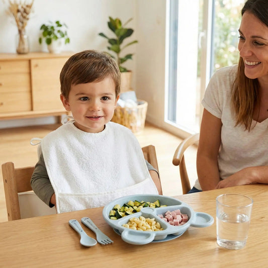 Le petit garçon de 2 ans est heureux que sa mère lui présente son repas dans la vaisselle bébé écologique. les trois compartiments sont bien garnis : cougette, pâtes, jambon et la forme ourson de l'assiette plaît à l'enfant ainsi que ses couverts assortis bleu clair.