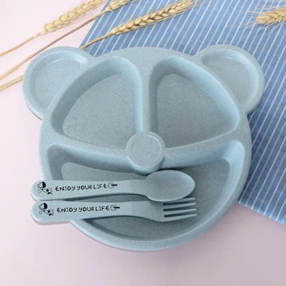 Assiette trois compartiments en paille de blé forme ourson et ses couverts assortis coloris bleu 