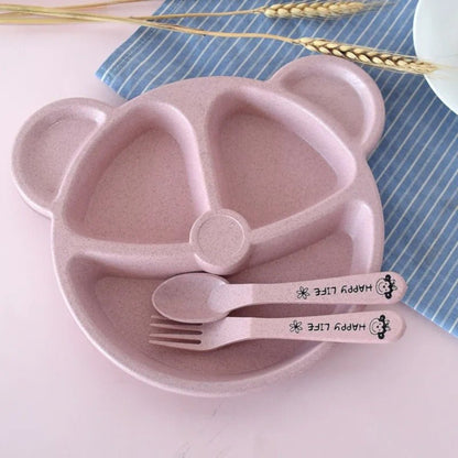 Assiette trois compartiments en paille de blé forme ourson et ses couverts assortis coloris rose