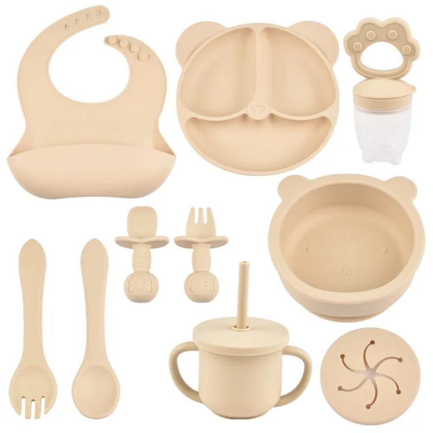 présentation de la vaisselle bébé silicone set complet beige