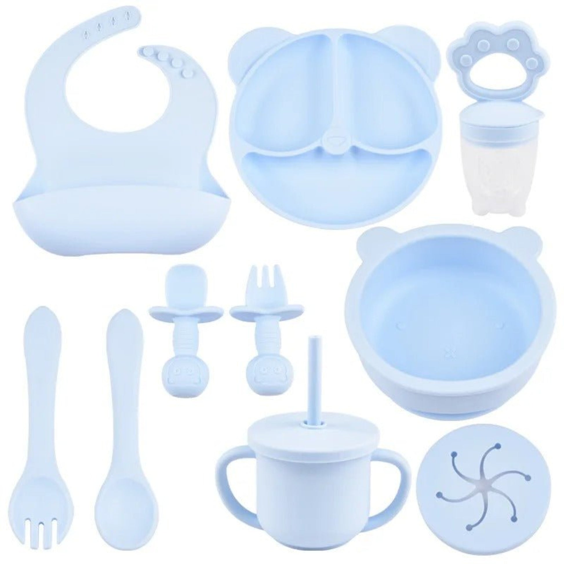 présentation de la vaisselle bébé silicone set complet bleu