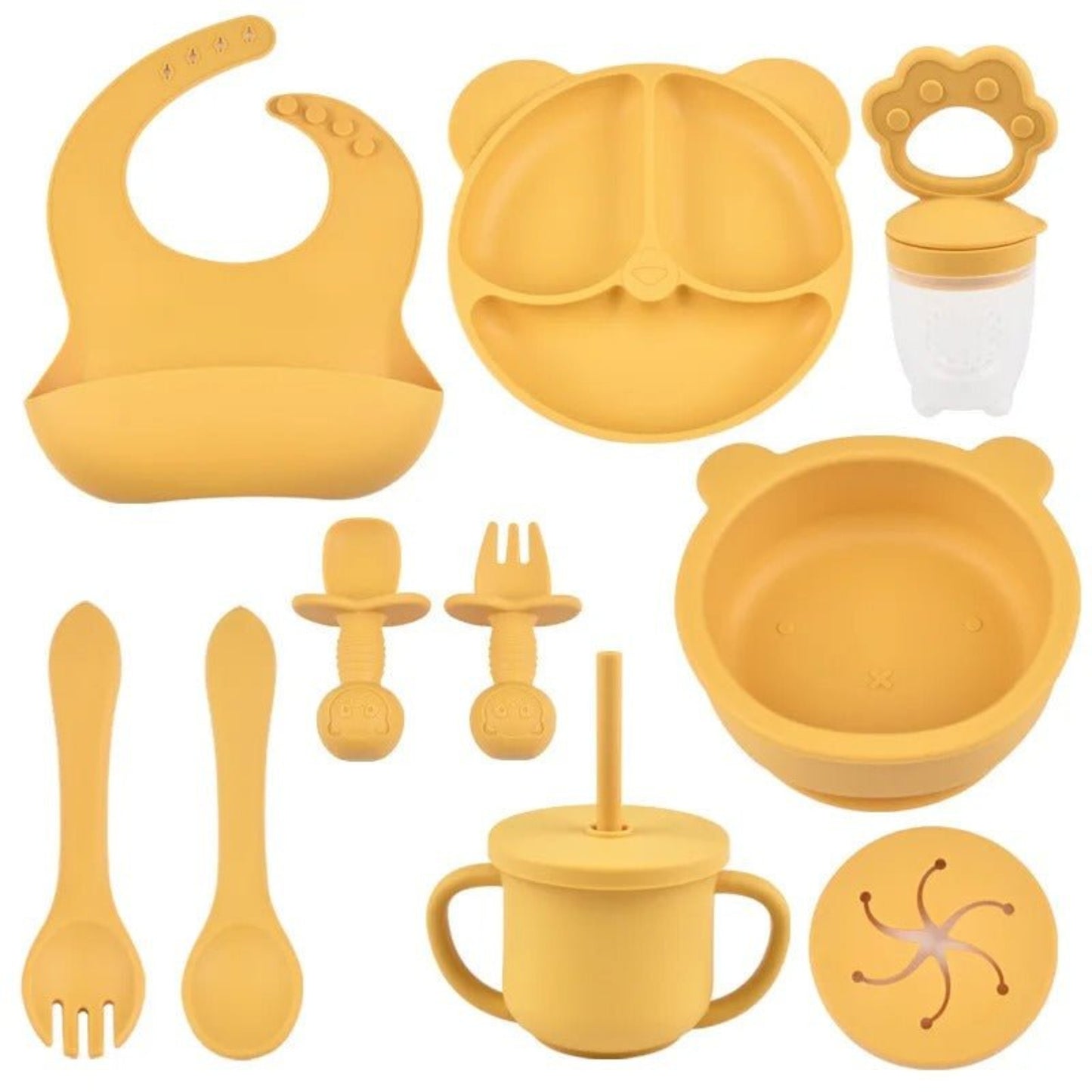 présentation de la vaisselle bébé silicone set complet jaune