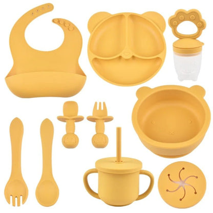 présentation de la vaisselle bébé silicone set complet jaune