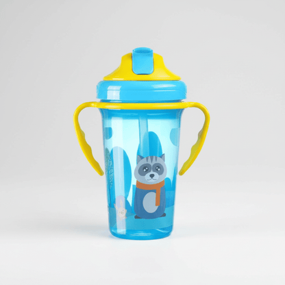 verre bebe gourde coloris bleu avec anses latérales jaunes
