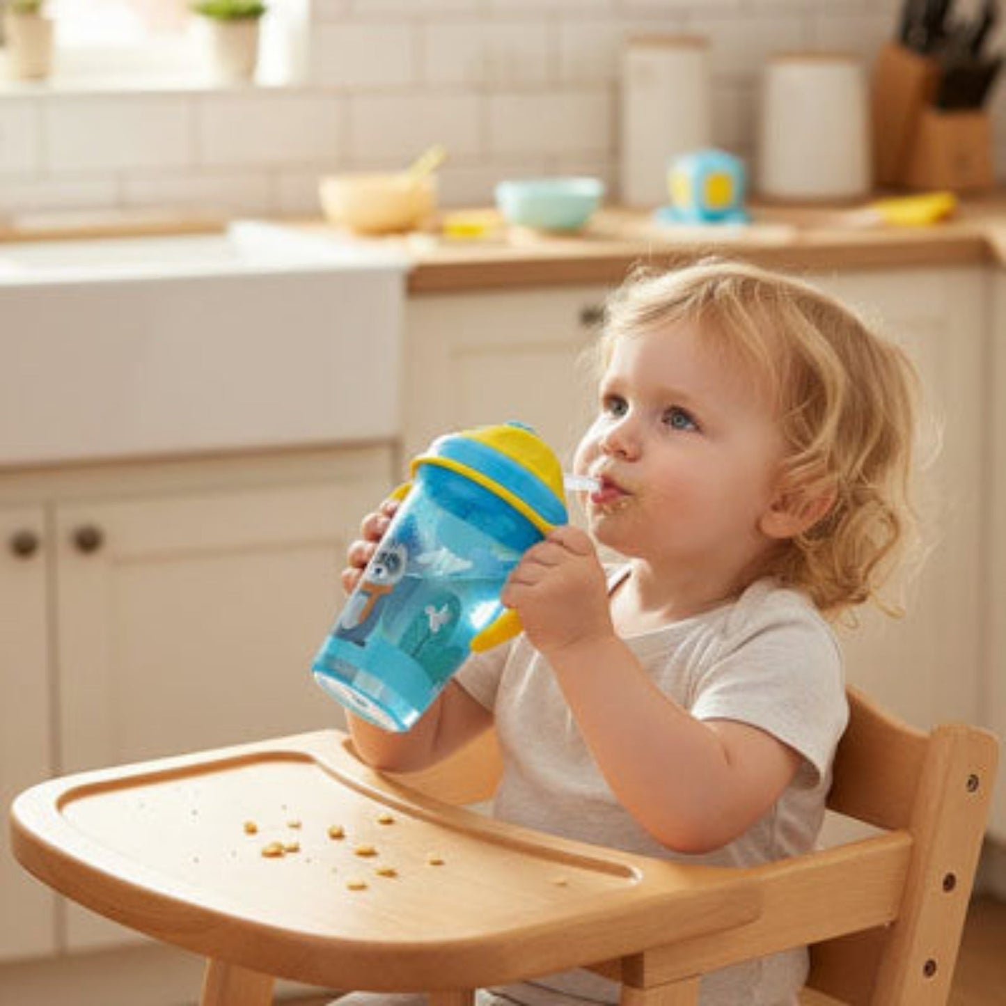 Fillette dans sa chaise haute buvant de façon autonome dans son verre bebe gourde bleu en fin de goûter 