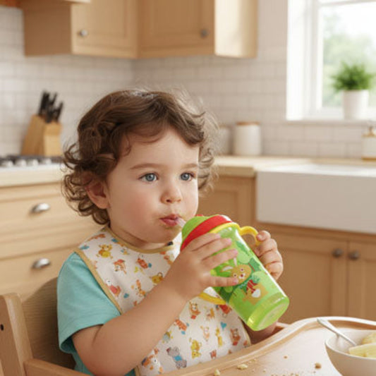 Un enfant tient par les anses son verre bebe gourde vert pour boire pendant son repas