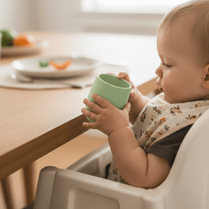 Les mains d'un jeune enfant tiennent le petit verre bebe en silicone coloris vert