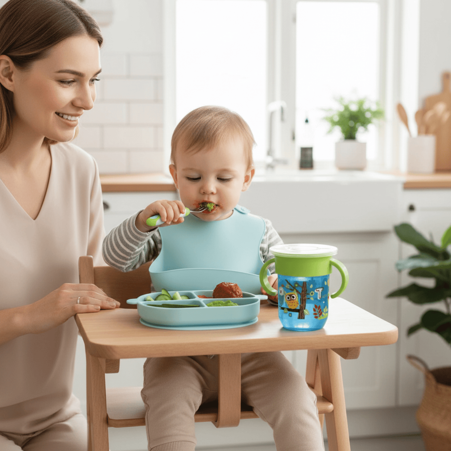 un enfant dans sa chaise haute mange son déjeuner avec sa petite fourchette sous le regard attentif de sa maman. Le verre bebe 360° coloris bleu et vert est posé sur la tablette de la chaise haute à côté de l'assiette compartimentée, le couvercle transparent est encore dessus pour le préserver de la poussière.