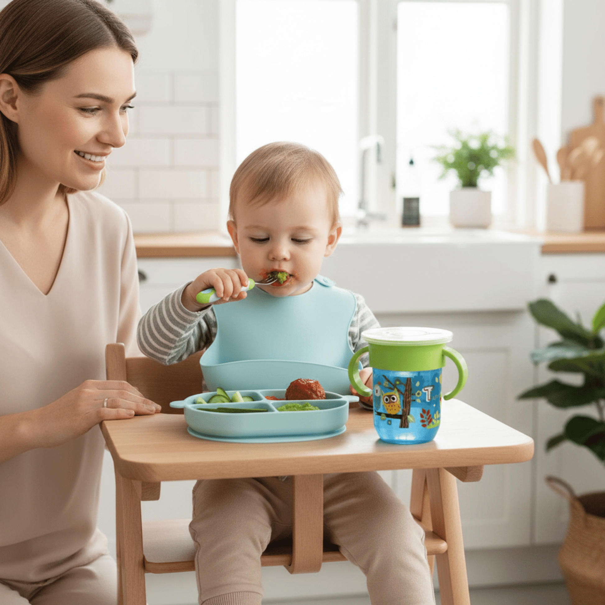 un enfant dans sa chaise haute mange son déjeuner avec sa petite fourchette sous le regard attentif de sa maman. Le verre bebe 360° coloris bleu et vert est posé sur la tablette de la chaise haute à côté de l'assiette compartimentée, le couvercle transparent est encore dessus pour le préserver de la poussière.