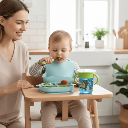 un enfant dans sa chaise haute mange son déjeuner avec sa petite fourchette sous le regard attentif de sa maman. Le verre bebe 360° coloris bleu et vert est posé sur la tablette de la chaise haute à côté de l'assiette compartimentée, le couvercle transparent est encore dessus pour le préserver de la poussière.
