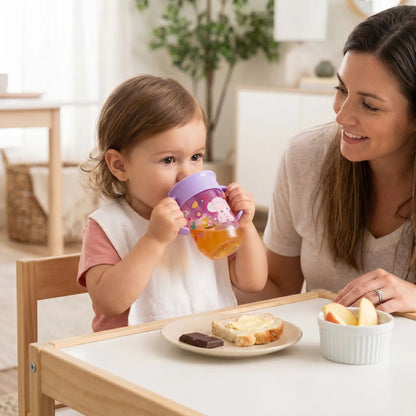une fillette goûte avec sa maman d'une tartine de pain beurrée avec une barre de chocolat, de morceaux de pomme et d'un jus de fruit dans son verre bebe 360° coloris rose et violet