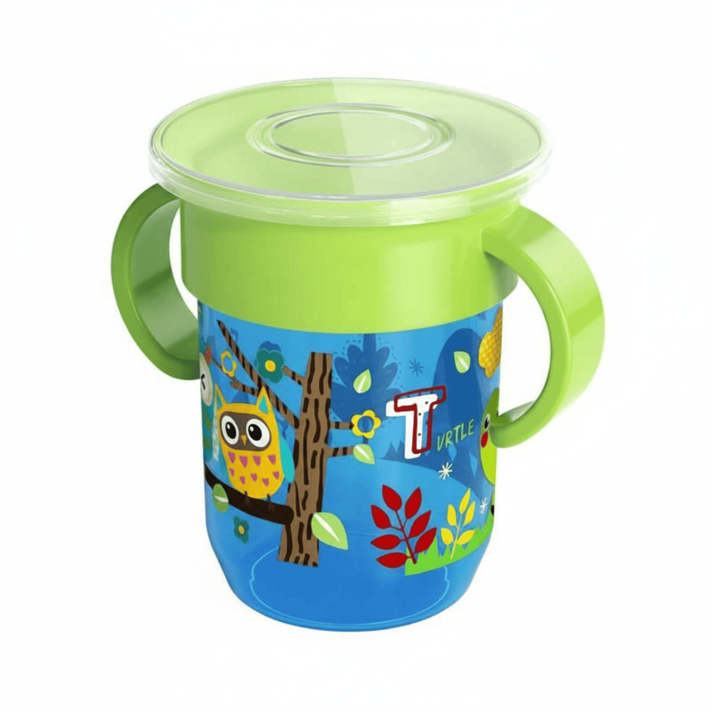 verre bebe 360° coloris bleu et vert motif hibou et tortue avec couvercle transparent