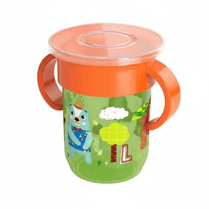 verre bebe 360° coloris vert et orange motif ours et lion avec couvercle transparent