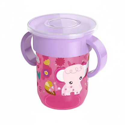 verre bebe 360° coloris rose et violet motif éléphant et girafe avec couvercle transparent