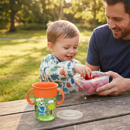 un petite garçon partage des fraises avec son papa à une table de pique nique et a préparé son verre bebe 360° coloris vert et orange pour boire