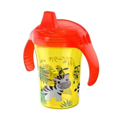 verre pour bébé à bec coloris jaune motif zèbre, bouchon à anses orange