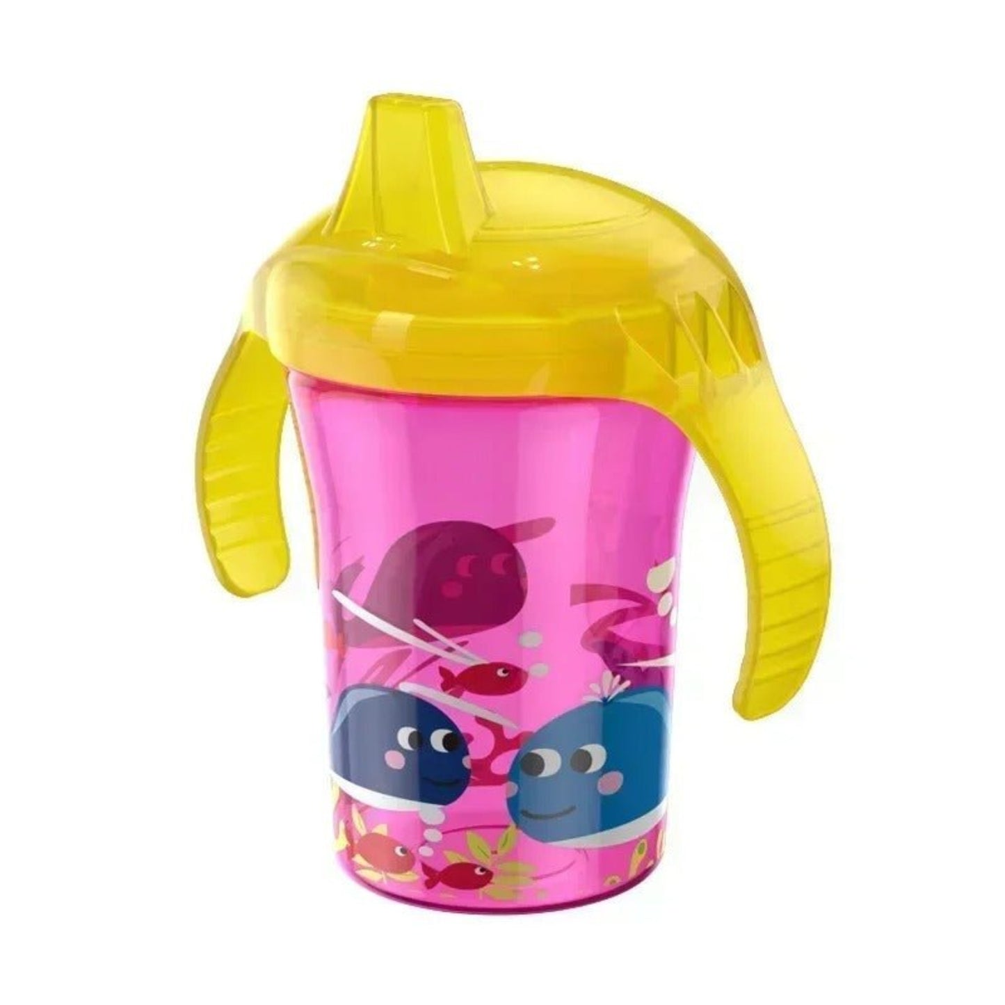 verre pour bébé à bec coloris rose motif baleine, bouchon à anses jaune