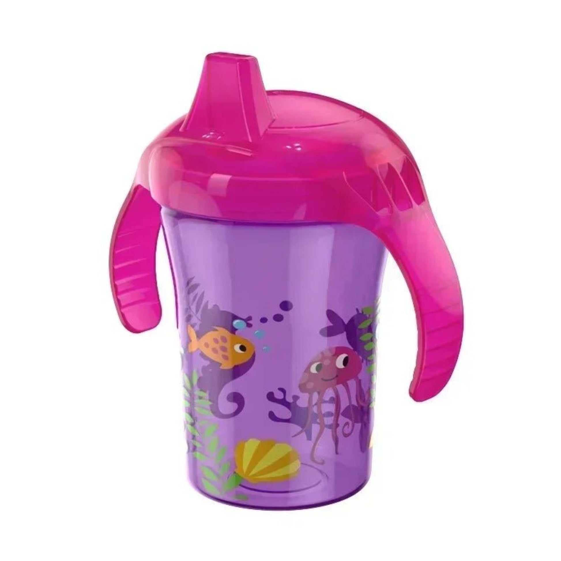 verre pour bébé à bec coloris violet motif poissons, bouchon à anses fushia